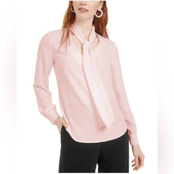 BAR III BLUSH PINK TIE NECK LONG SLEEVE BLOUSE MEDIUM - Picture 1 of 10